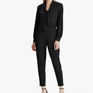 Lauren Ralph Lauren Jumpsuit Black L Long Sleeve Tapered Leg Tie Collar Jersey